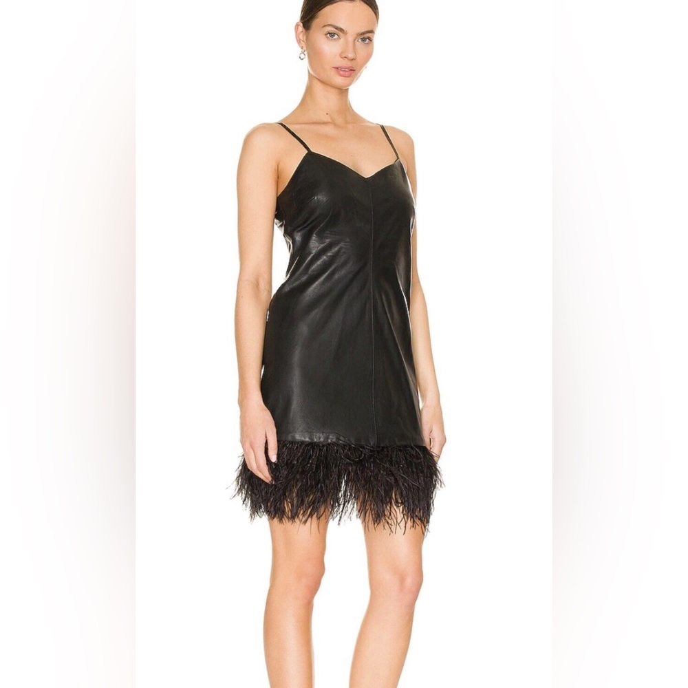 Black LaMarque Abella leather dress with feather trim